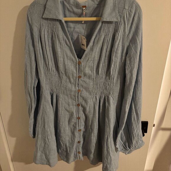 Free People Blue Liesel Shirt Dress Smocked Waist Balloon Sleeves Medium - Picture 4 of 6